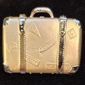 Gold Tone Metallic Suitcase Travel-Themed Brooch